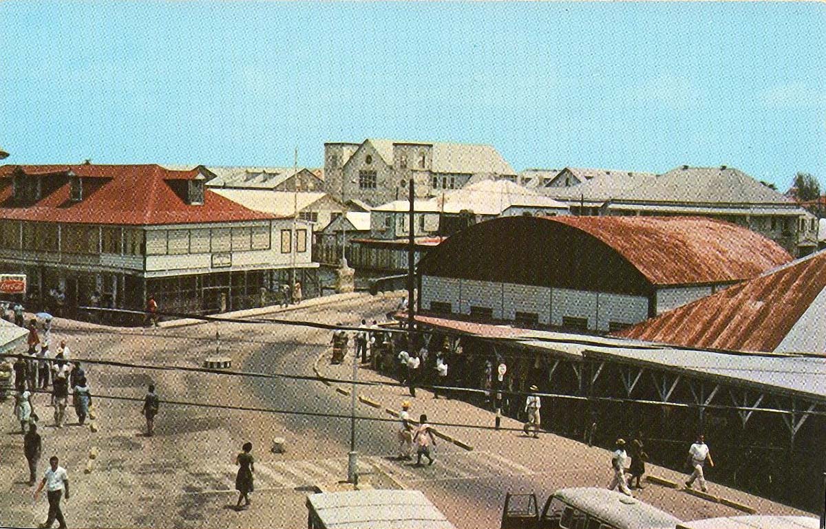 Belize City. The approach to the Swing Bridge, on right - Market