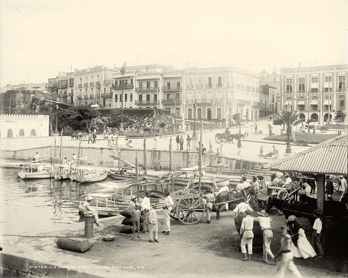 San Juan. Panorama of the city from wharf, circa 1900