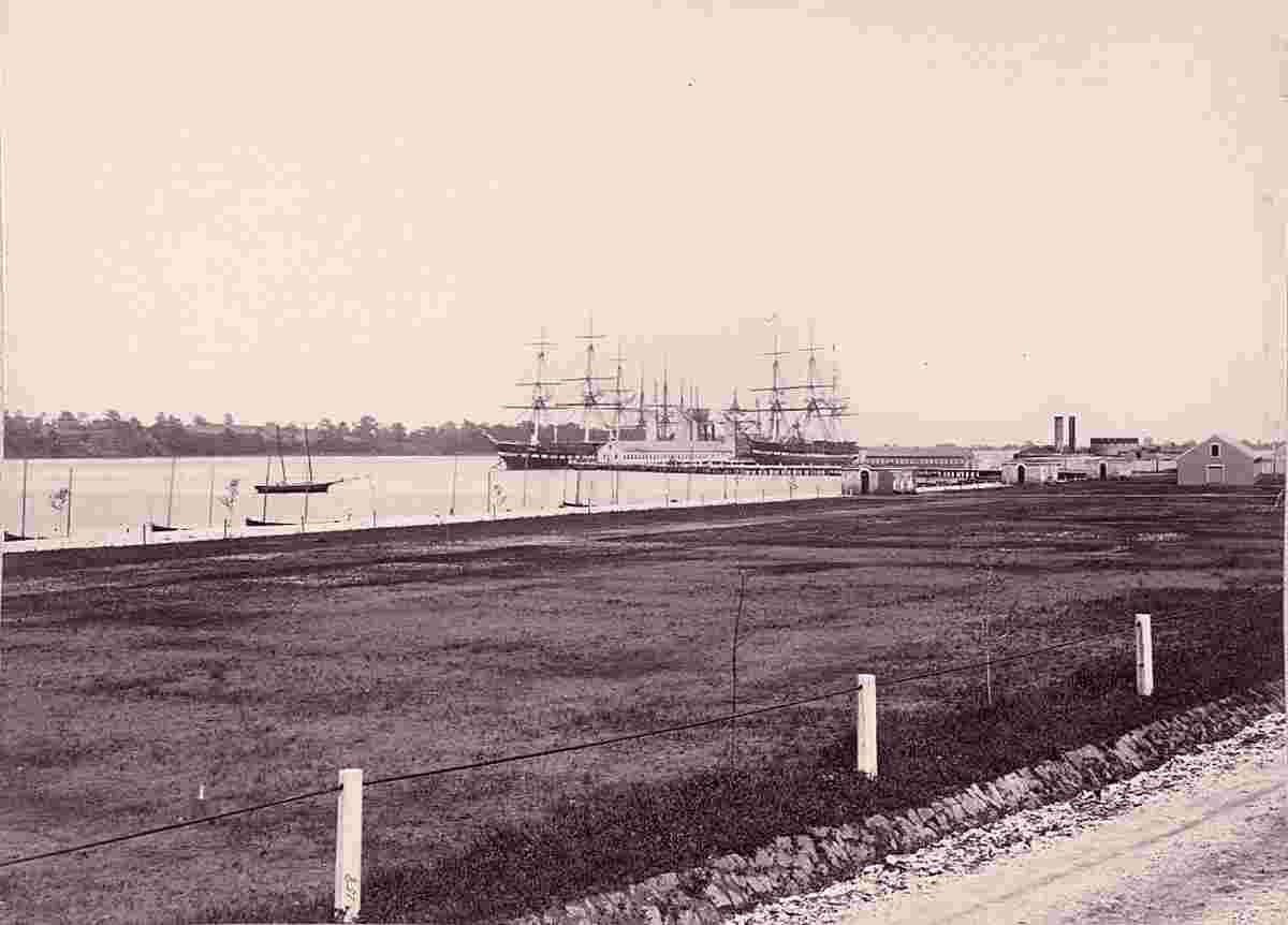 Annapolis. U.S. frigates Constitution and Santee at Naval Academy, between 1861 and 1865