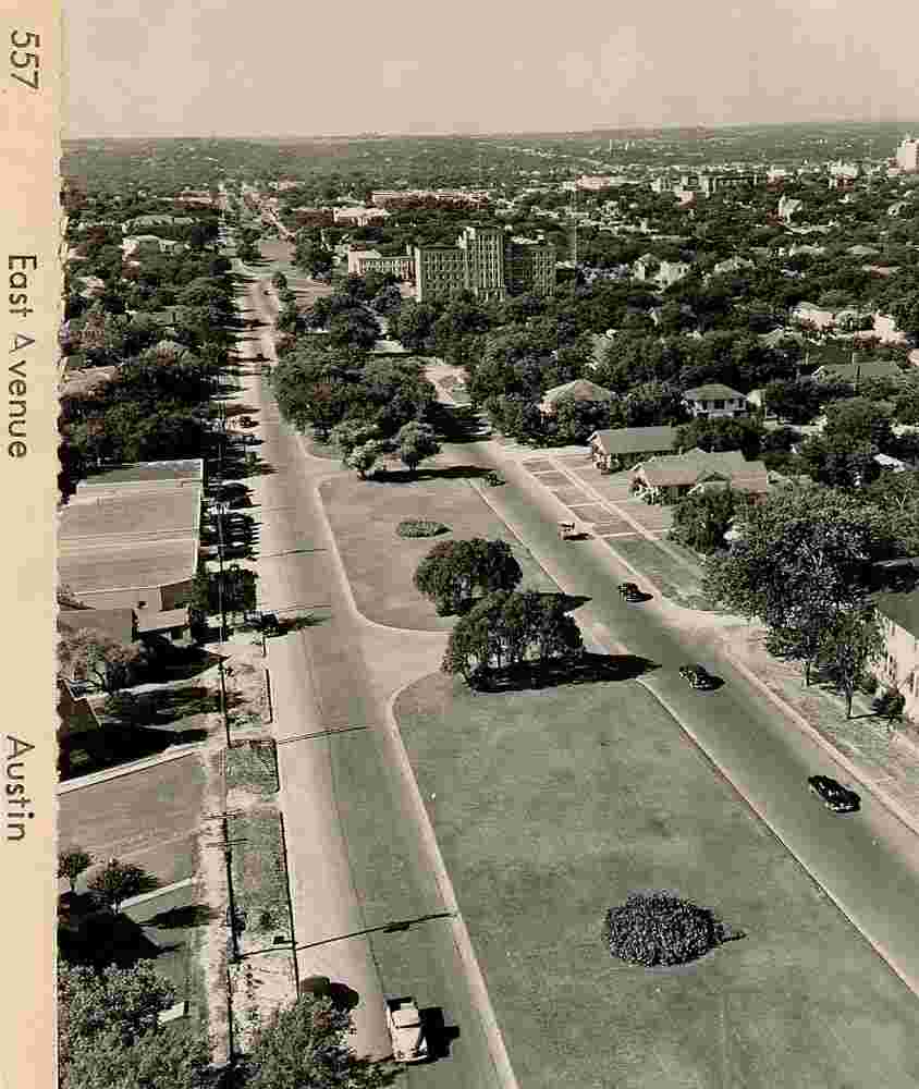 Austin. Aerial view of East Avenue before Interstate 35, 1950s