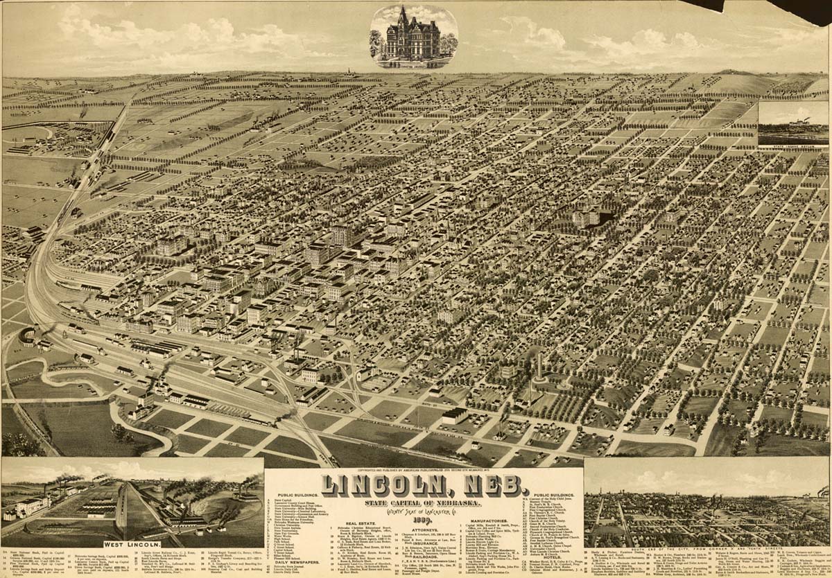 Lincoln. Old map of the city, 1889