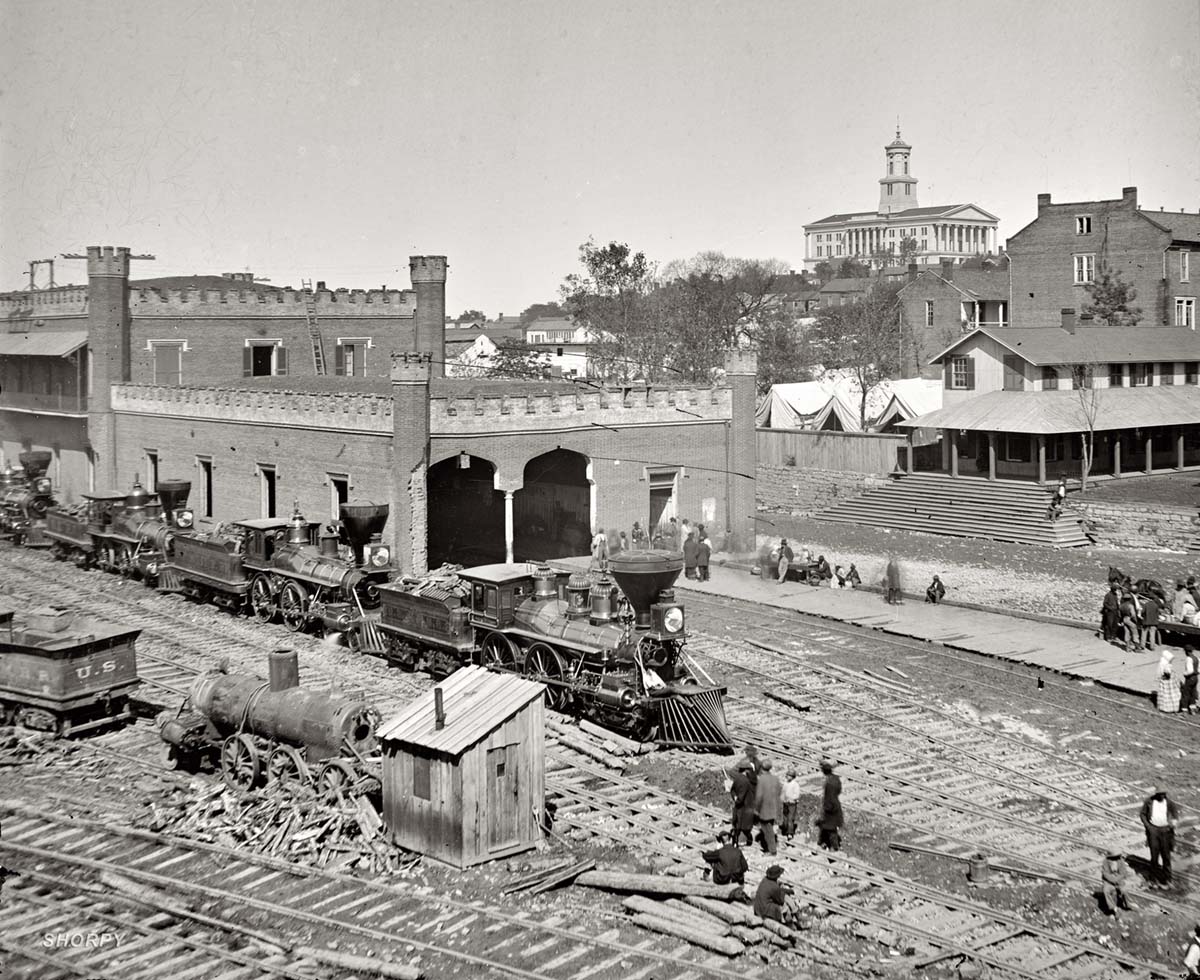 Nashville. Rail yard and depot with locomotives, 1864