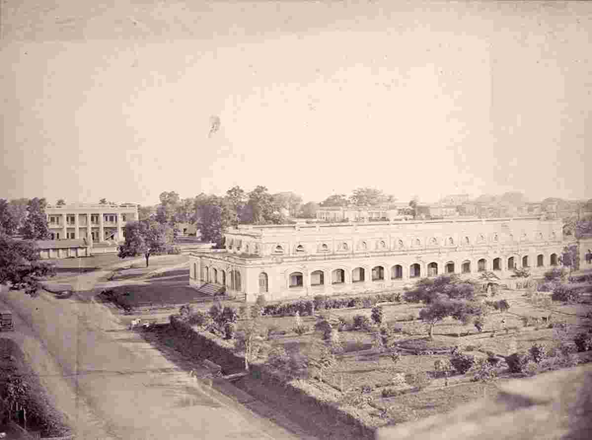 Dhaka. View to old College (left) and the old Court Building (right), 1875