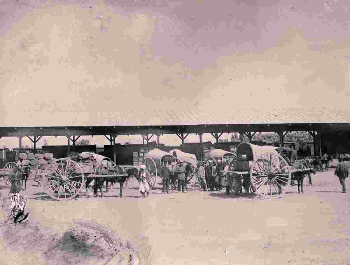Samarkand. Station - scientific expedition loading its equipment into a wagon, 1906