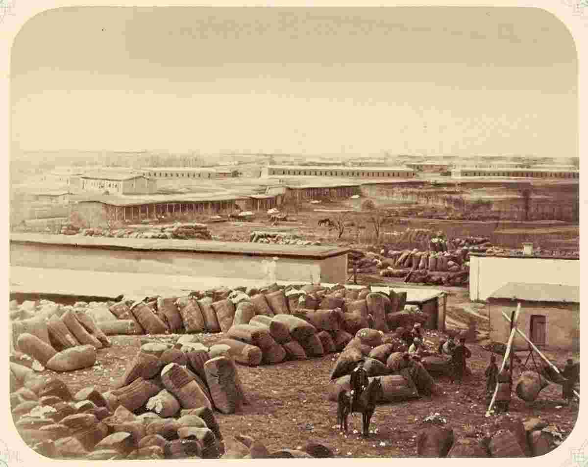 Tashkent. Buildings for a trade fair, bales of cotton, 1865-1872