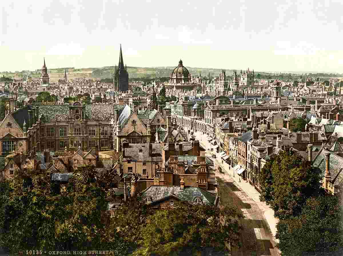 Oxford. Panorama of the city with High Street, 1890