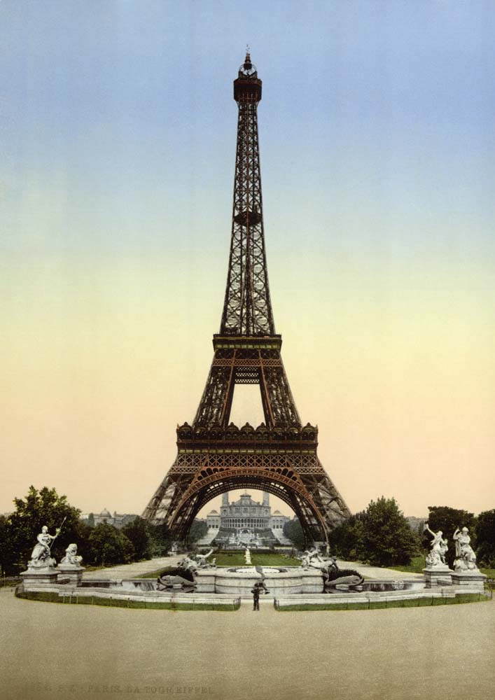 Paris. Eiffel Tower, view of the Trocadero Palace, circa 1890