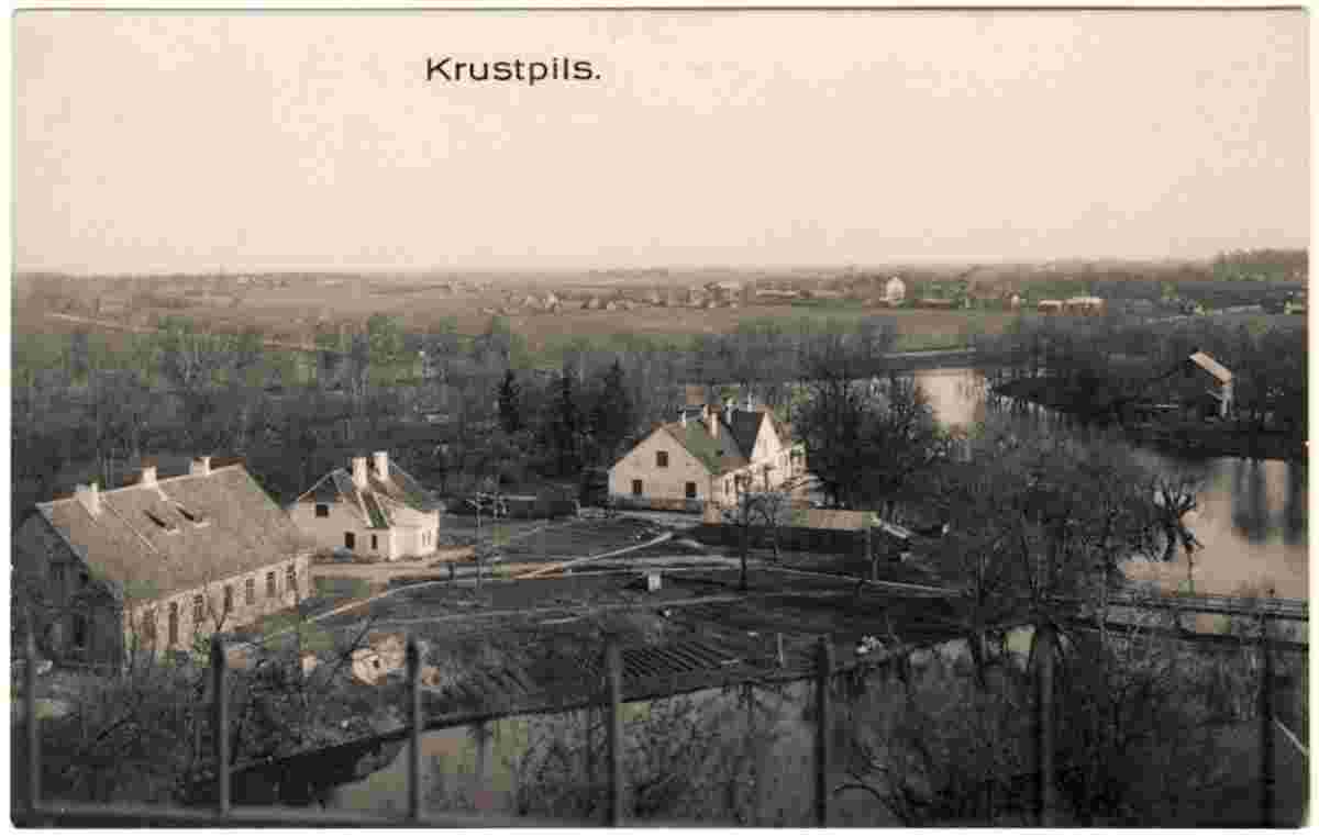 Krustpils - Panorama of village and river with bridge, 1920s