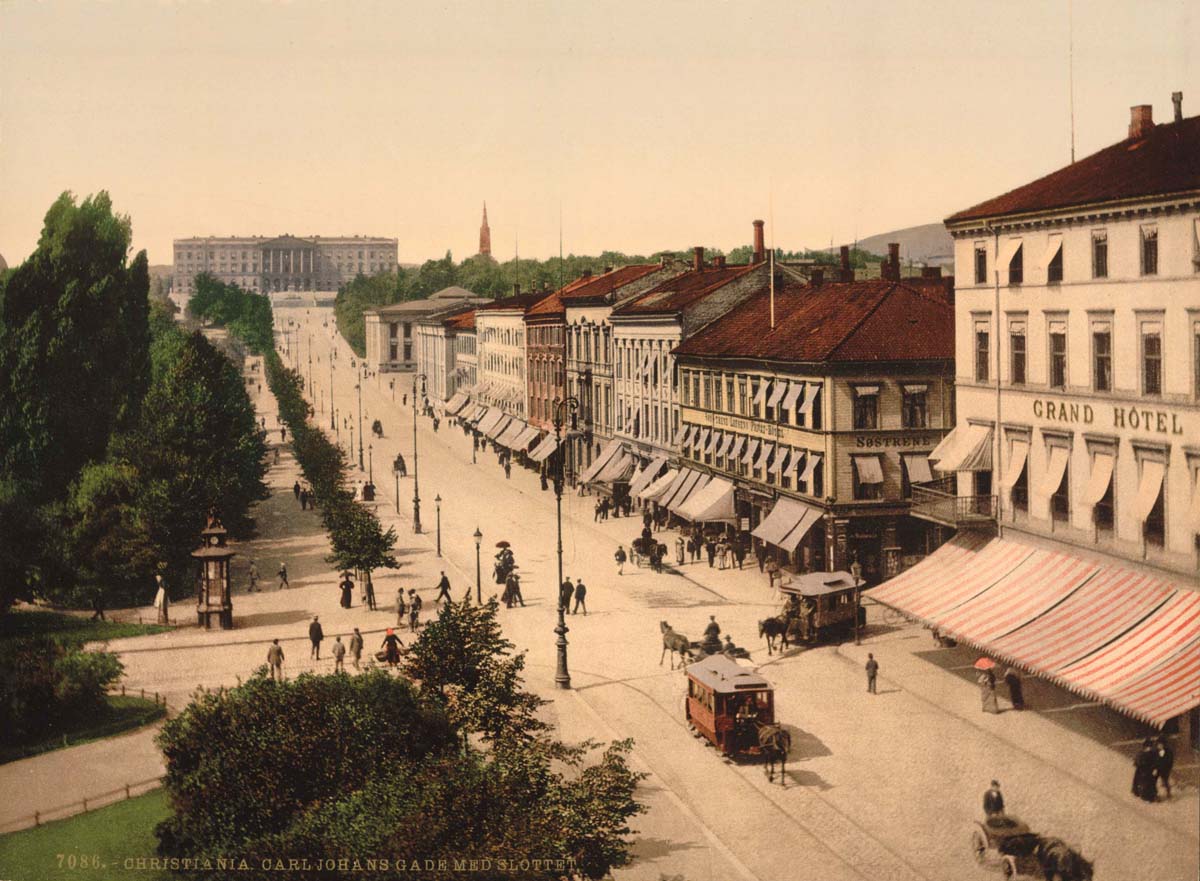 Oslo (Kristiania, Christiania). Carl Johans Street, Royal Palace and Grand Hotel, circa 1890