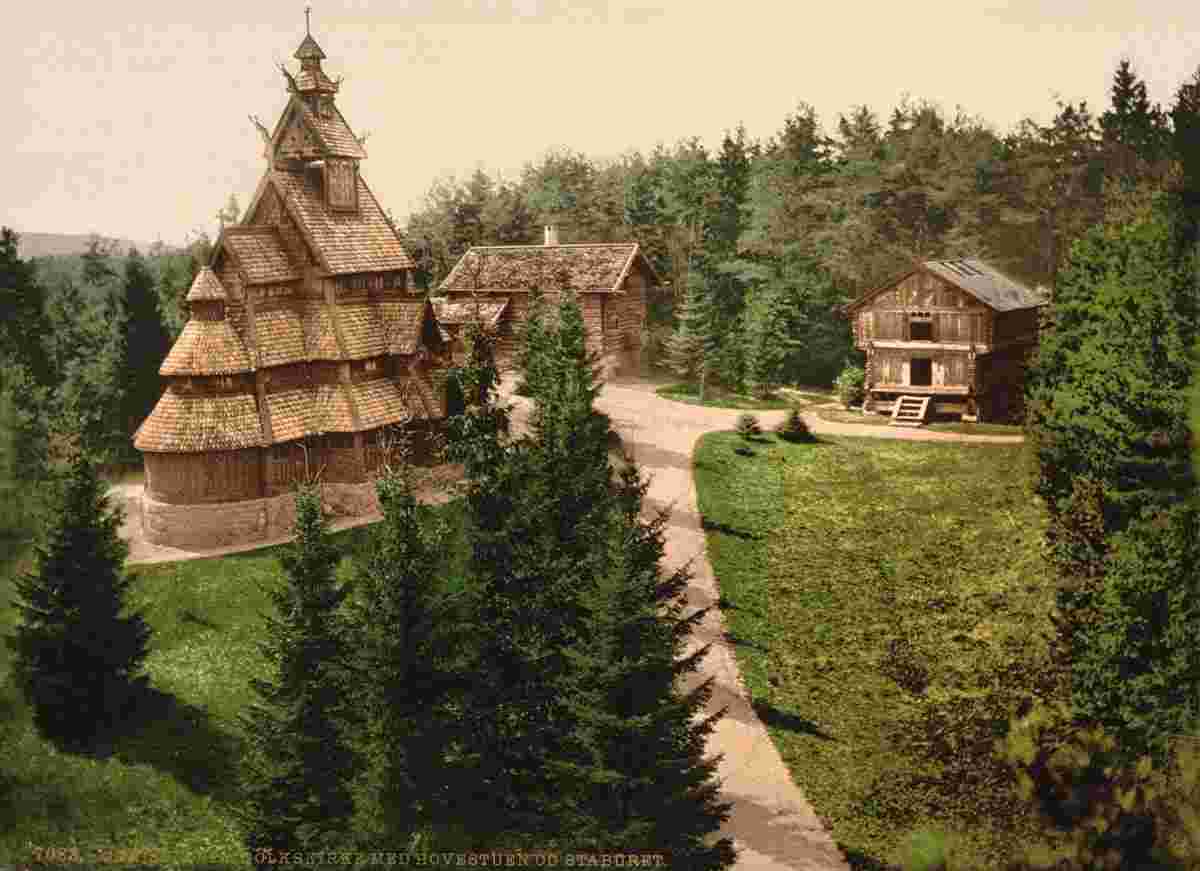 Oslo. Gol Stave Church with Hovenstuen and Stabburet, circa 1890