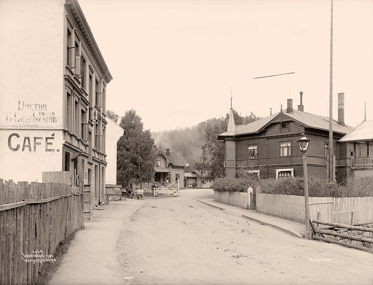 Sandvika. Panorama of city street, Cafe and Railway station, 1904
