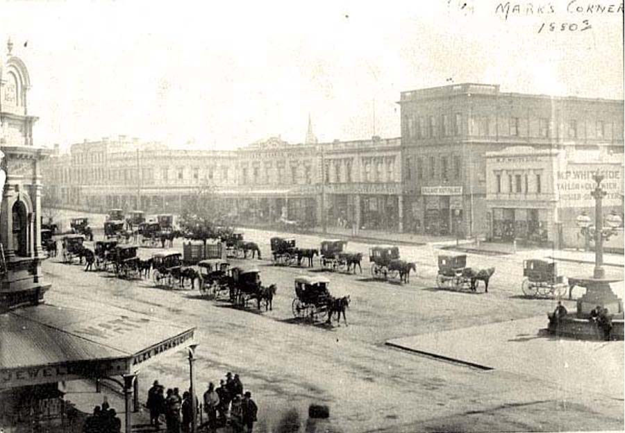 Ballarat. Cabs at Mark's corner in Sturt Street, 1880s