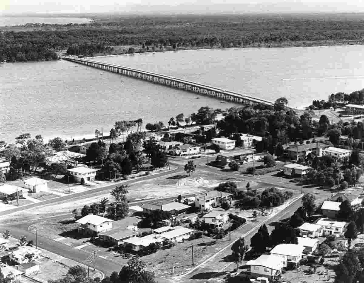 Bongaree–Woorim. Aerial view of township and the Bribie Island Bridge, 1979