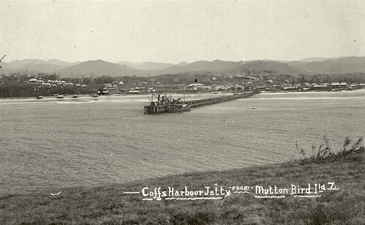Coffs Harbour. Jetty and Township from Muttonbird Island, Ships, circa 1910