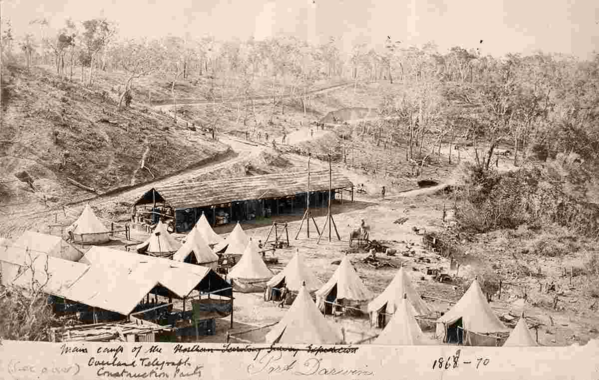 Darwin. Main camp at Port Darwin, tents, buildings and in the centre the stables, 1870
