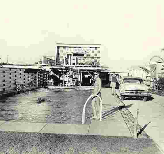Gold Coast. Woman by the swimming pool in El Dorado Motel, circa 1950s