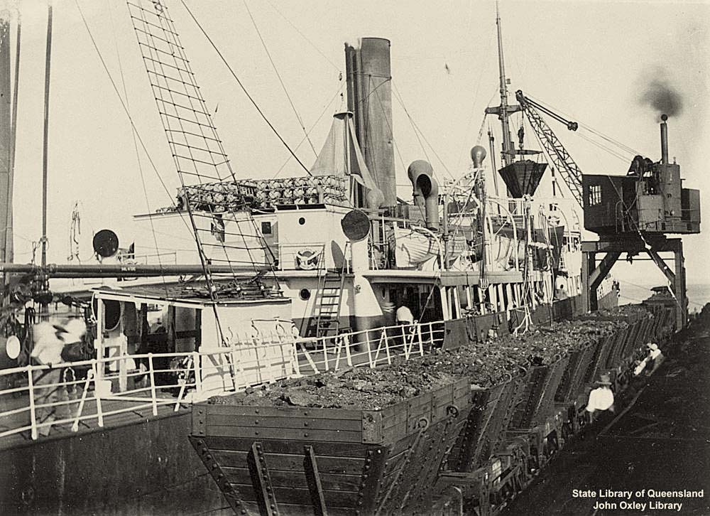 Hervey Bay. The Steamship 'Calulu', loading coal at Urangan