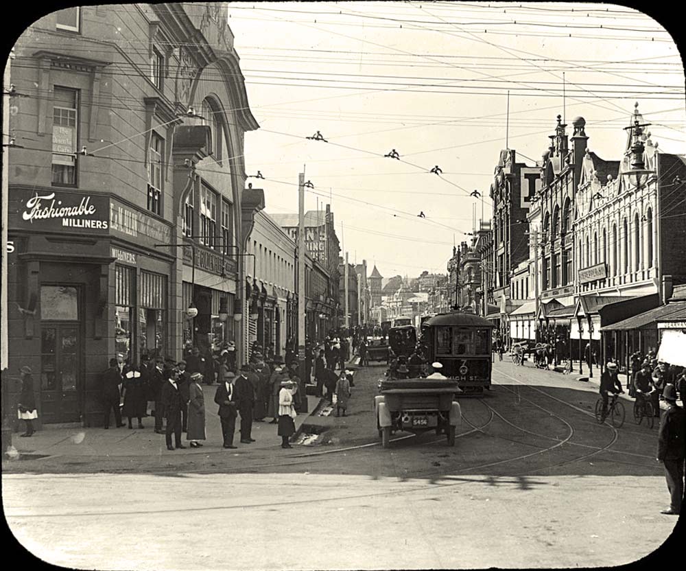Launceston. Street with pedestrians, trams and cars, possibly Brisbane Street