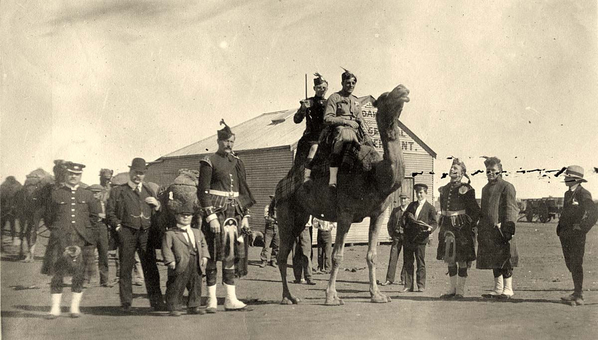 Leonora. Photograph of members of the Kilties, two of them on a camel