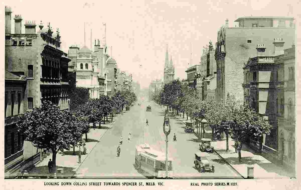 Melbourne. Looking down Collins Street towards Spencer Street, 1921