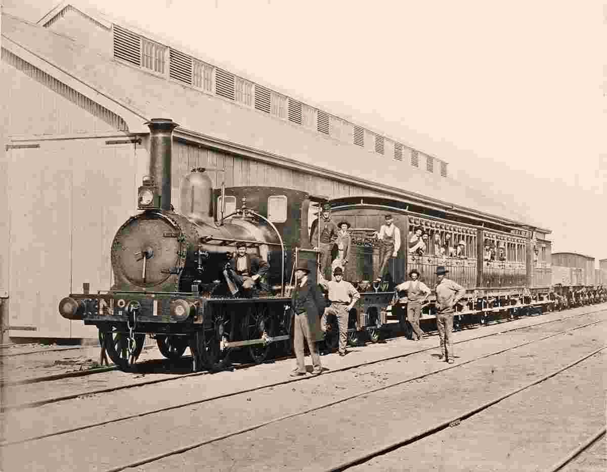 Moama. Beyer Peacock locomotive, No.1, Deniliquin - Moama line, circa 1875