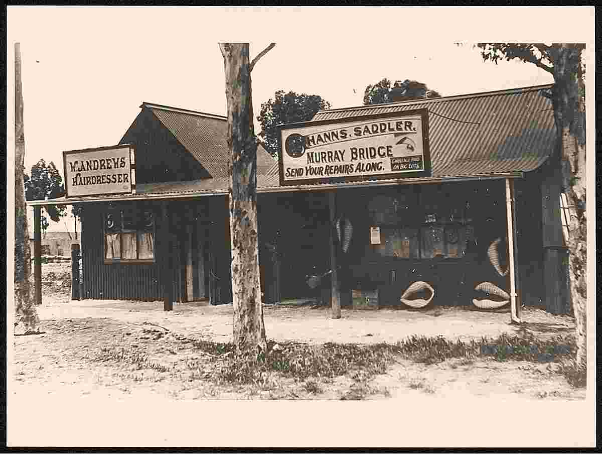 Murray Bridge. Hairdresser, saddler's premises at Murray Bridge, 1870