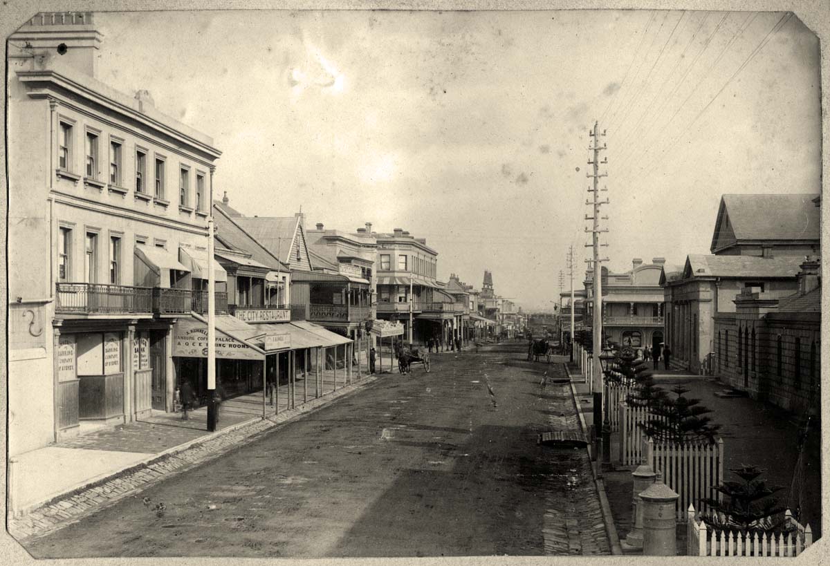 Newcastle. Hunter Street, near current Lockup Museum and Post Office, circa 1880s