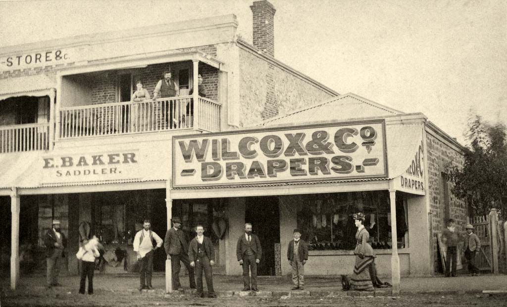 Port Augusta. Premises of Wilcox & Co., drapers and E. Baker's saddler shop, 1878