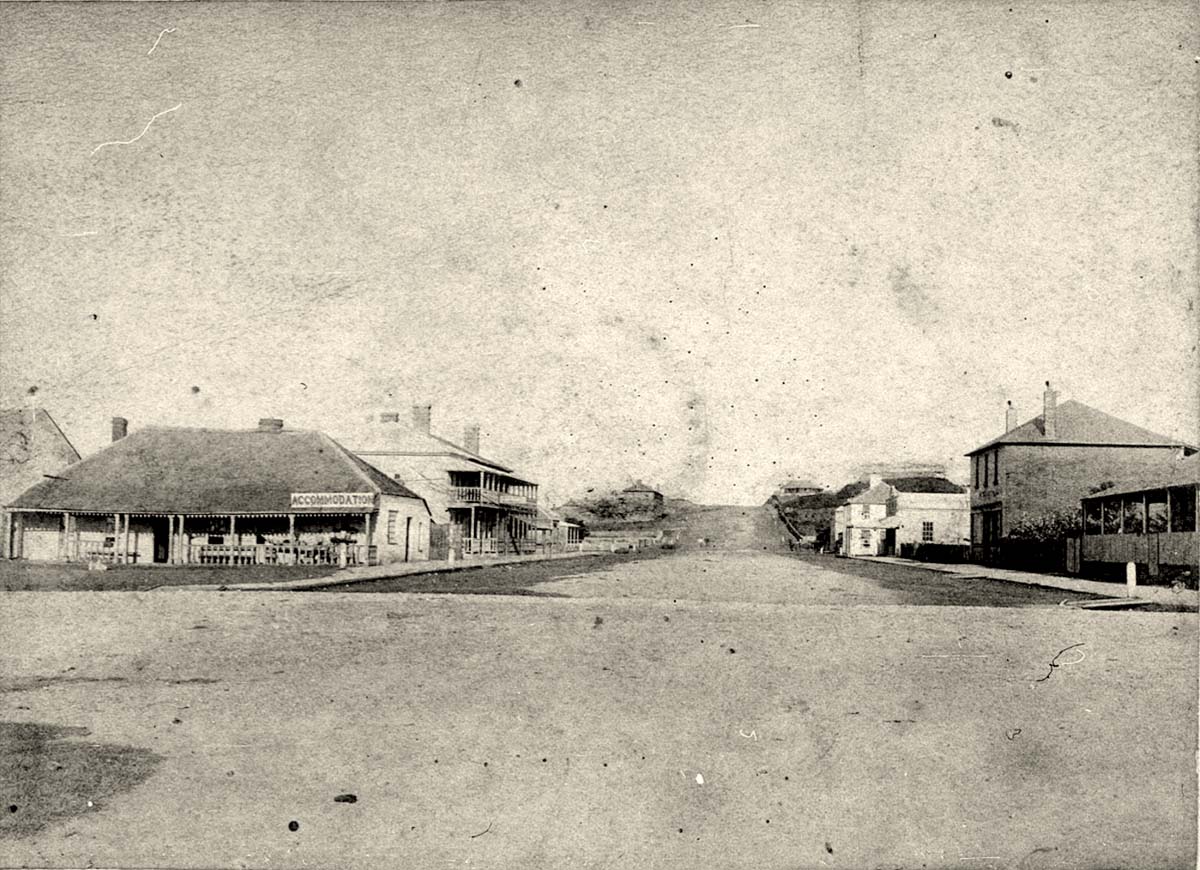 Port Macquarie. View of Clarence Street looking east from Horton Street intersection, circa 1880