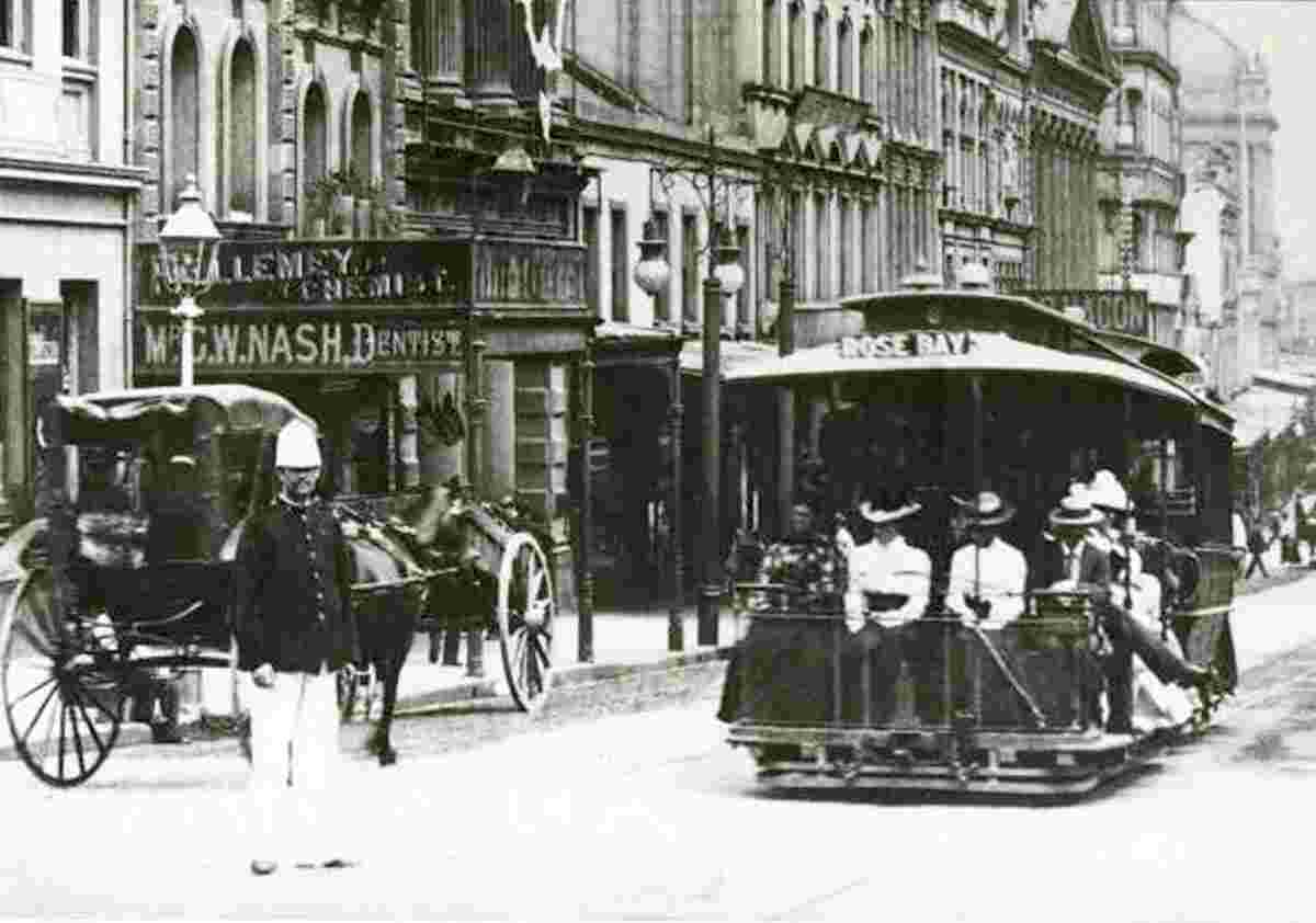 Sydney. Panorama of street - policeman and tramway