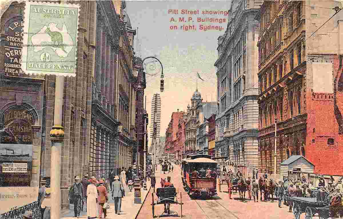 Sydney. Pitt Street Showing A.M.P Buildings on right