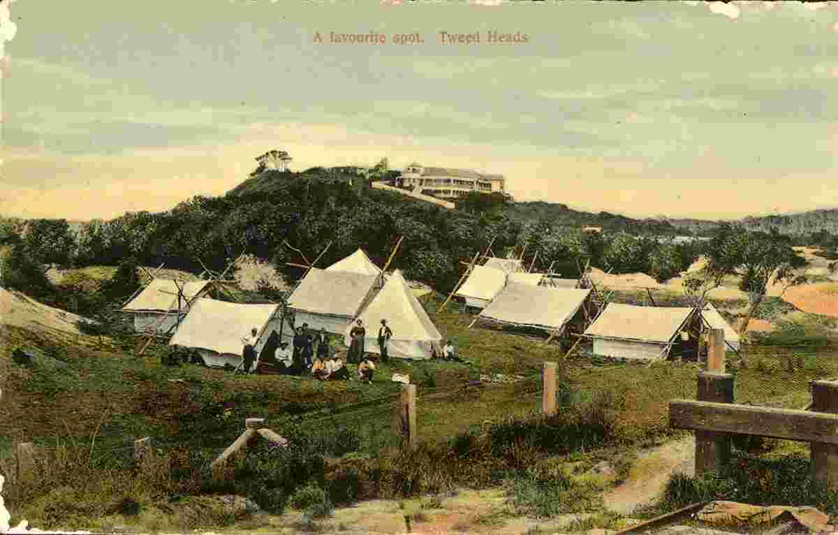 Tweed Heads. 'Greenmount', Mrs P. Fagan at hill and camping at valley, 1911