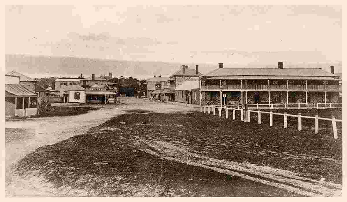 Victor Harbor. Panorama of city square, Crown Hotel, 1900
