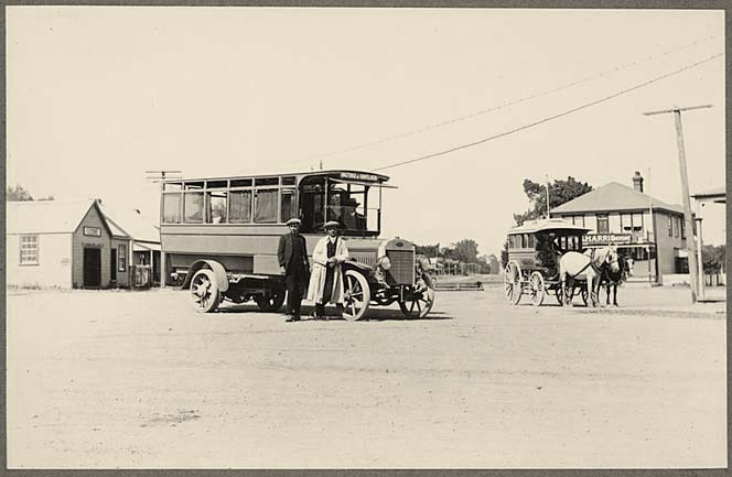 Havelock North. Motor and horse-drawn buses, 1913