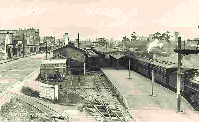 Palmerston North. View of railroad station and street