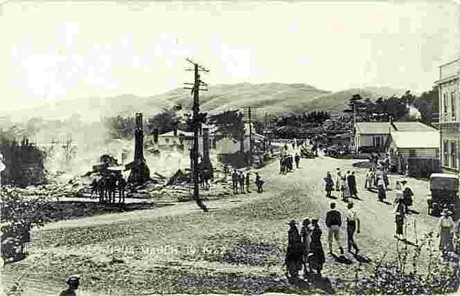 Porirua. Panorama of Street after a fire in 1922