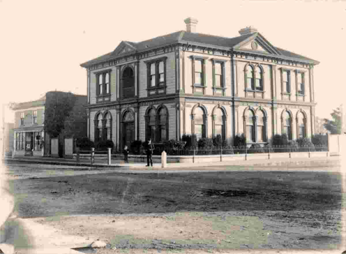 Rangiora. Bank of New Zealand on corner of High and Ashley Streets, circa 1900