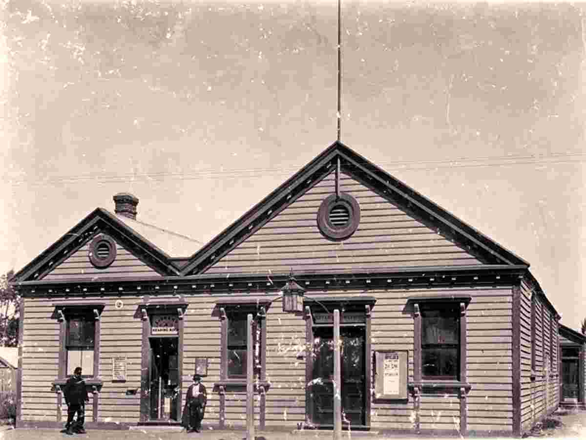 Rangiora. Policeman outside the Literary Institute, Library and Reading Room, circa 1890