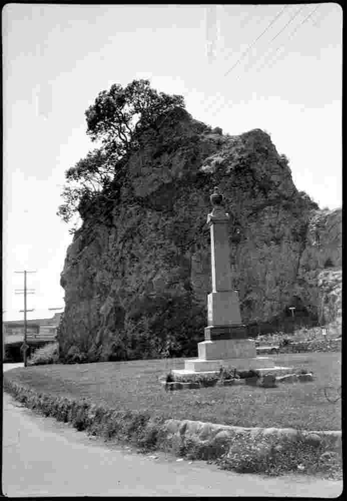 Whakatane. Pohaturoa Rock showing the memorial to Te Hurinui Apanui, 1928