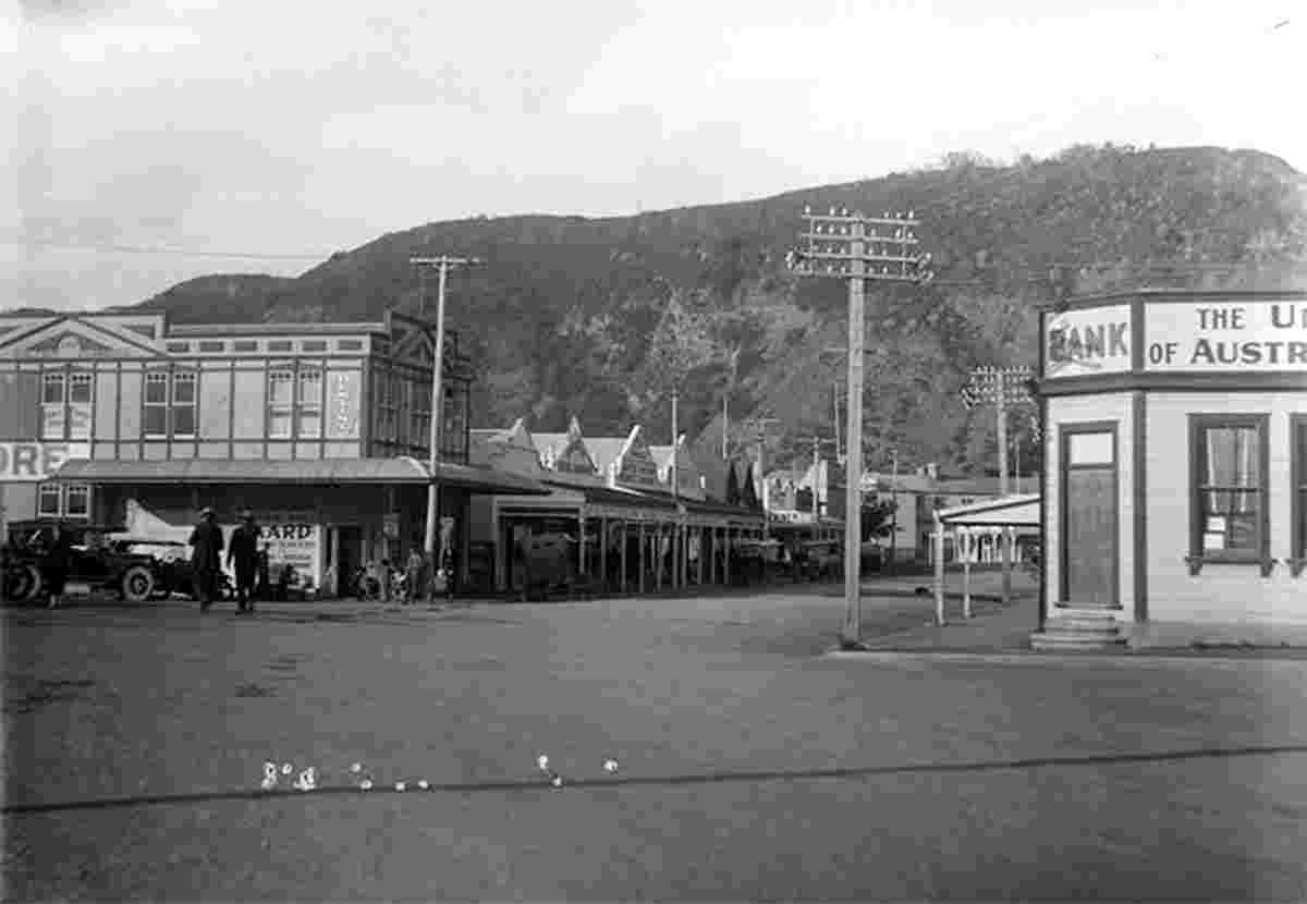 View of Whakatane street with shops and bank