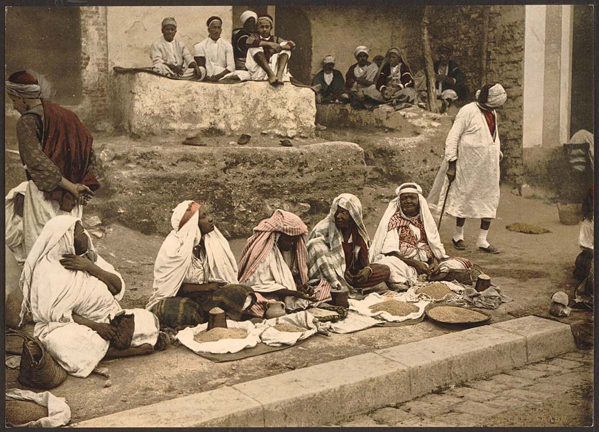 Tunis. Couscous sellers and an Arab cafe, circa 1890