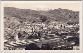La Paz. Aerial panorama of city, railway station and cathedral