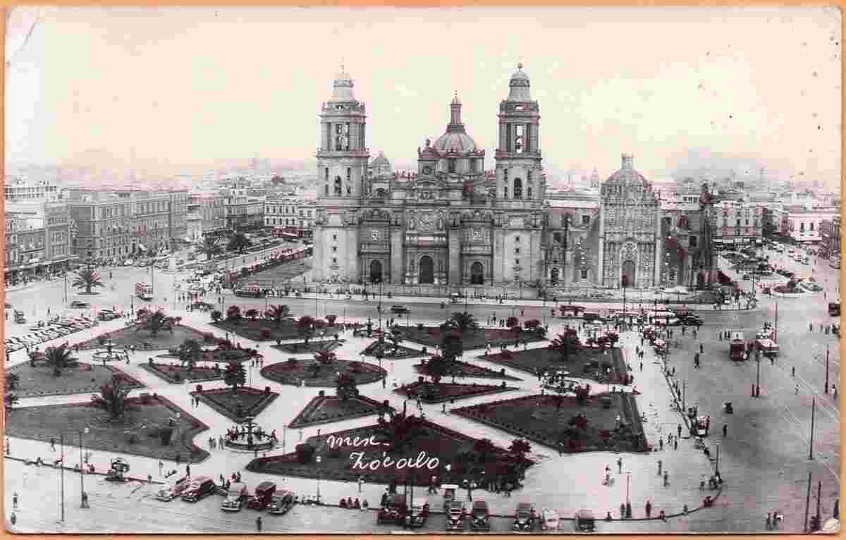 Mexico City. Panorama of Cathedral on Central Square, garden, 1907