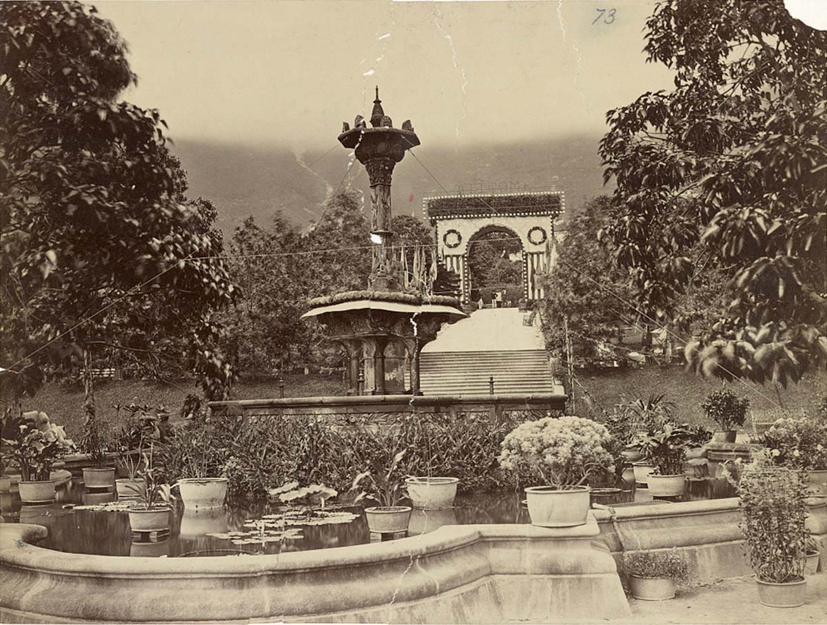 Hong Kong. Fountain, gardens, and welcome arch, May 16, 1879