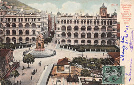 Hong Kong. Queen's statue, with Prince's and Queen's Buildings in the rear, 1909