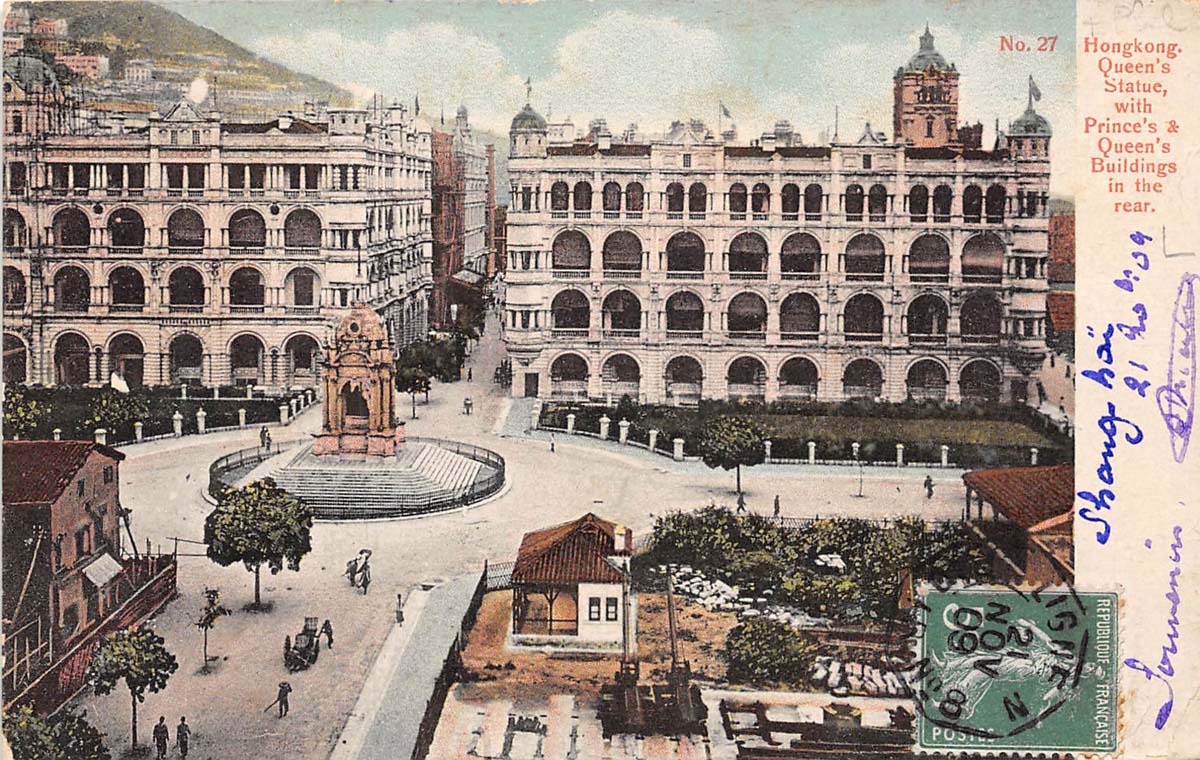 Hong Kong. Queen's statue, with Prince's and Queen's Buildings in the rear, 1909