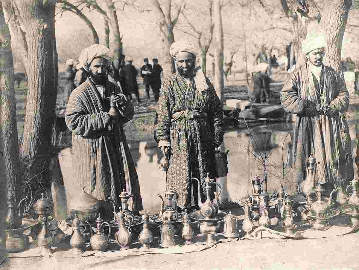 Bukhara. Sellers of copper utensils