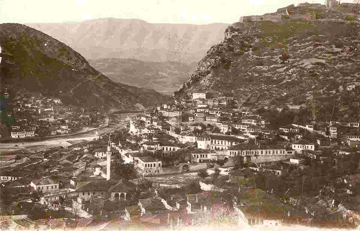 Berat. Panorama of the city with river, 1940s
