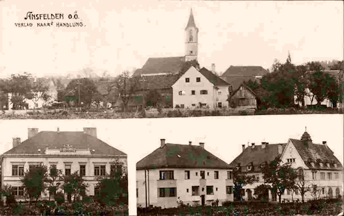 Ansfelden. Volksschule, Panorama mit Kirche, 1935
