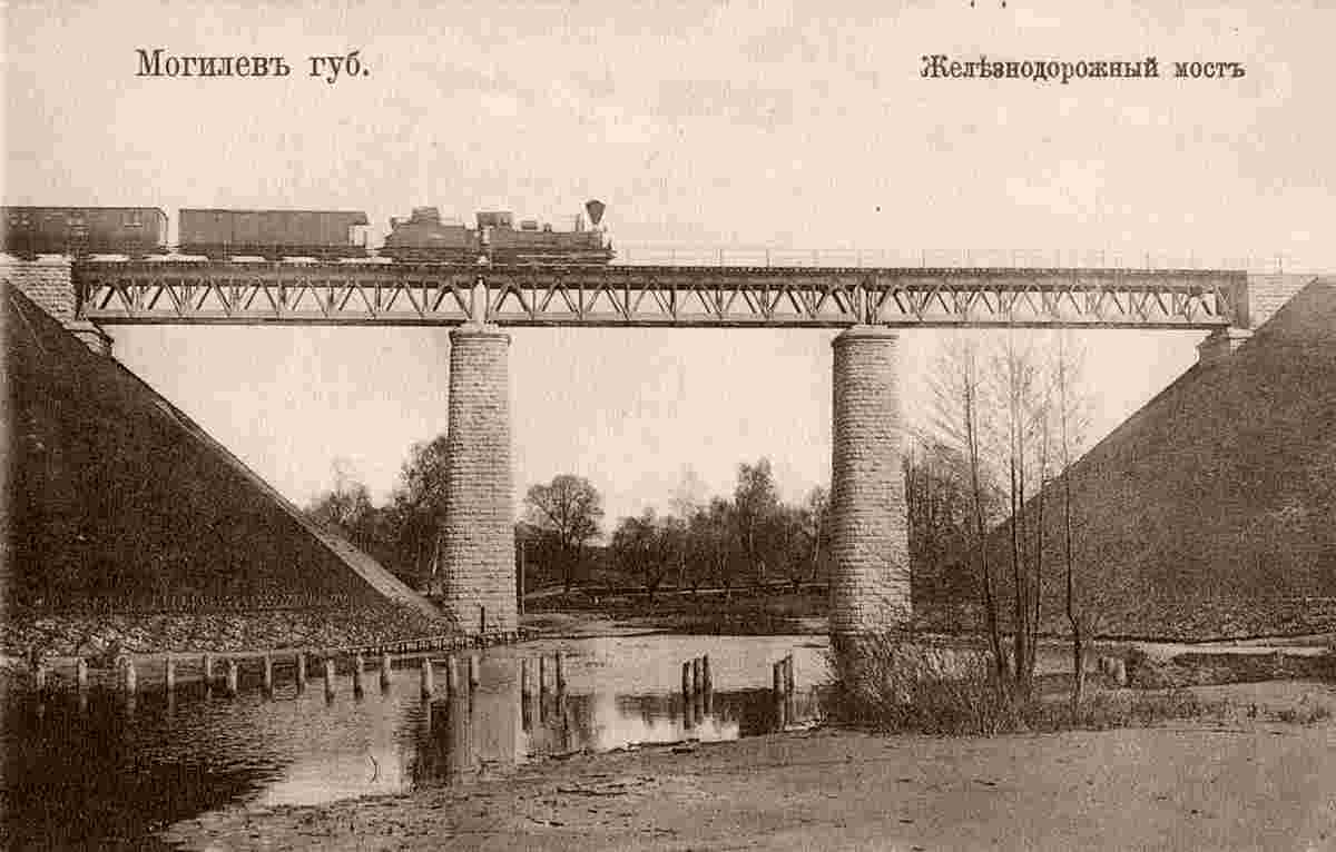 Mogilev. Railway bridge over Dubrovenka river, train